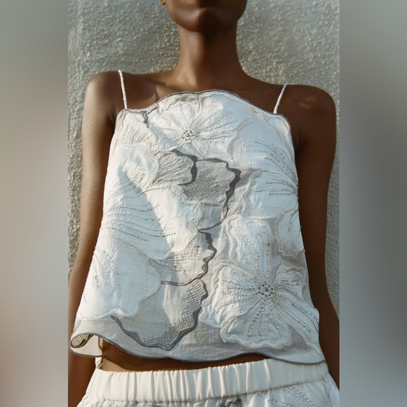 NWT Zara Embroidered Strappy Top Size L & Straight Leg Pants Size M - Picture 2 of 14